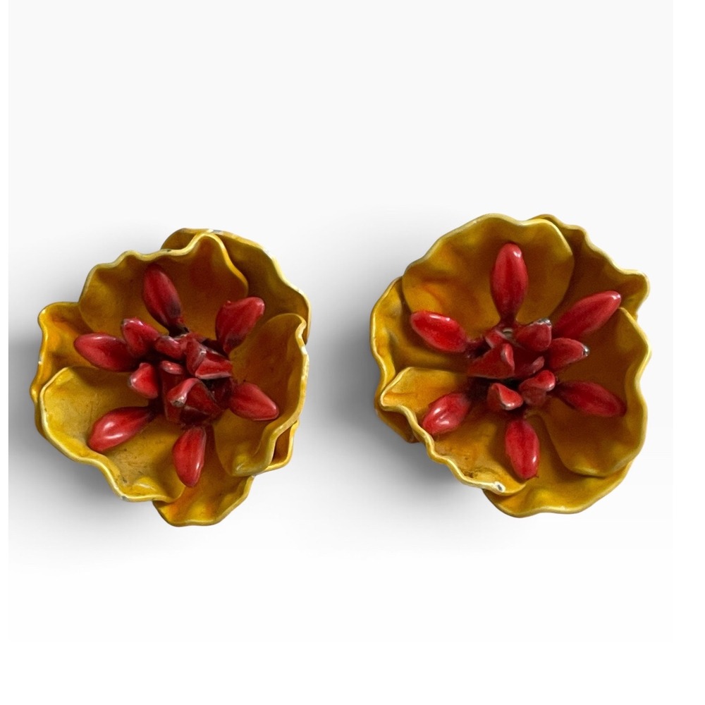 Vintage Enamel Flower Clip On Earrings Yellow Red